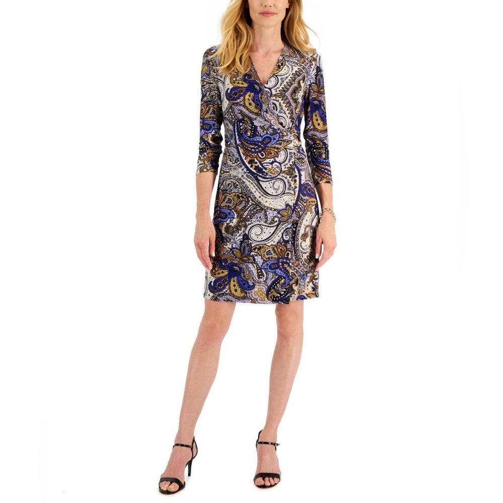 Kasper PM dress wrap paisley blue navy tan white